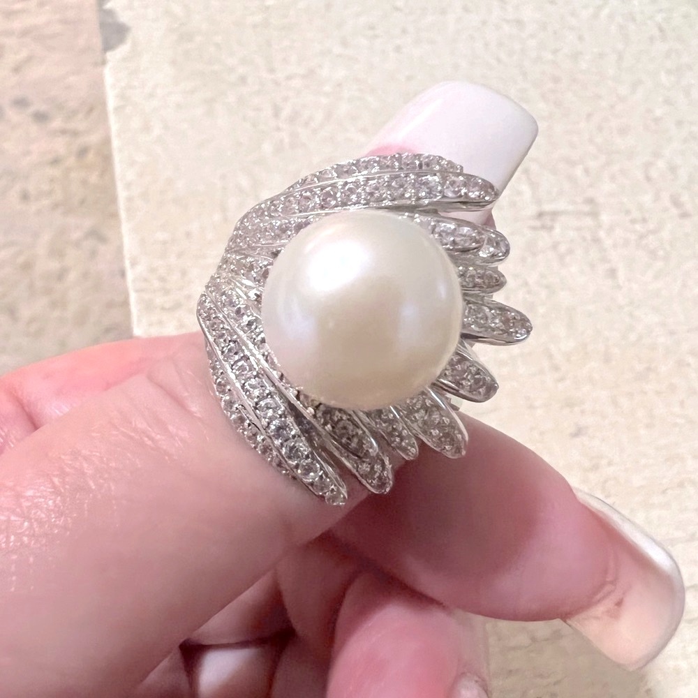 BBJ GENUINE PEARL STERLING SILVER RHODIUM PLATED DIAMONIQUE RING